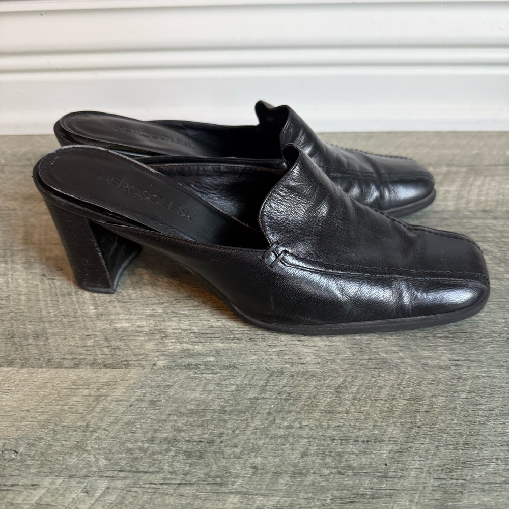 Vtg Clog Mules Womens 8 Black Leather Slip-On Heeled Sq Toe Block Heel Shoe